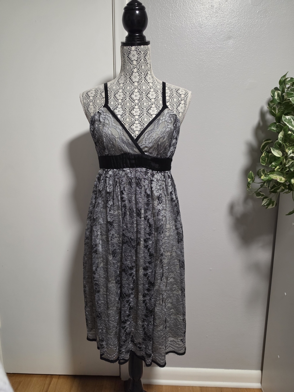 XL Candie's Metallic Silver & Black Lace Overlay Midi Dress With Satin Bow